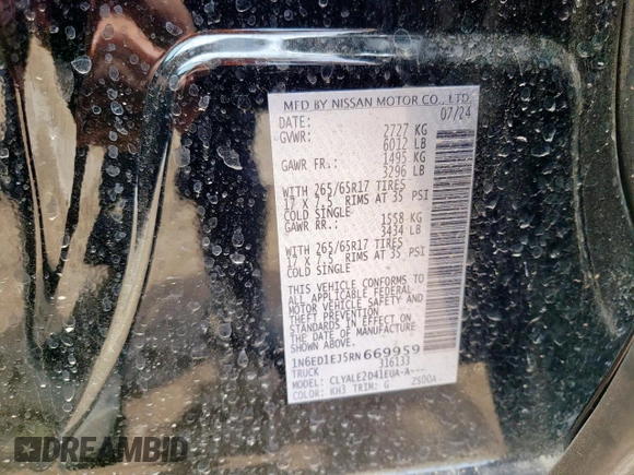2024 Nissan Frontier Pro-X z VIN 1N6ED1EJ5RN669959, wystawiony jako Copart lot #58217315 z przebiegiem 3 828 mil mil oraz Szkoda całkowita • Salvage title. Historia ofert i sprzedaży dostępna na DreamBid. Obrazek 13.