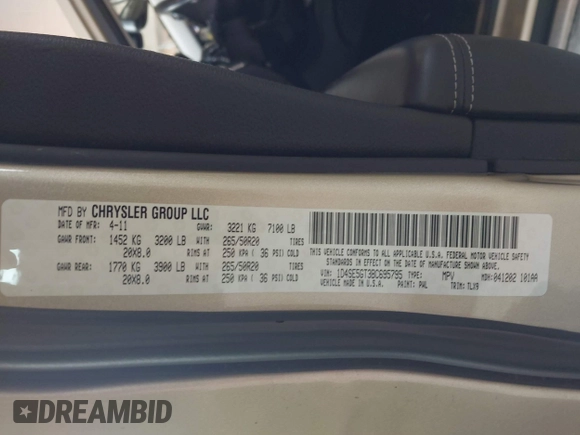 2011 Dodge Durango Citadel with VIN 1D4SE5GT3BC695795, listed as a IAAI auction lot 42105921 with 259,490 mi miles and . Bid and sale history available at DreamBid. Image 9.