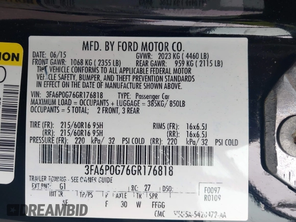 2016 Ford Fusion S with VIN 3FA6P0G76GR176818, listed as a IAAI auction lot 42439118 with 176,925 mi miles and . Bid and sale history available at DreamBid. Image 9.