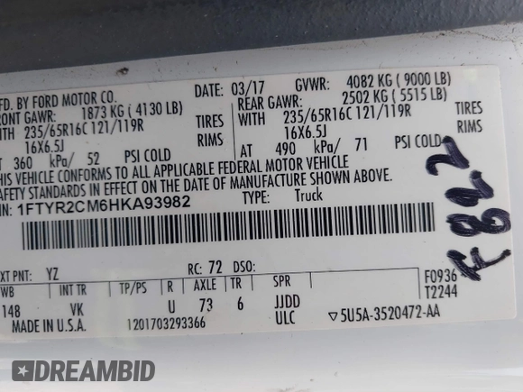 2017 Ford Transit with VIN 1FTYR2CM6HKA93982, listed as a IAAI auction lot 42689760 with 59,375 mi miles and . Bid and sale history available at DreamBid. Image 9.