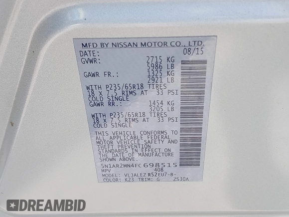 2015 Nissan Pathfinder SV with VIN 5N1AR2MN4FC698515, listed as a IAAI auction lot 42585800 with 202,005 mi miles and . Bid and sale history available at DreamBid. Image 9.