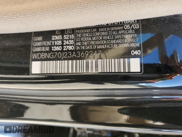 2003 Mercedes-Benz S 4.3L with VIN WDBNG70J23A369247, listed as a Copart auction lot 49880395 with Not Provided miles and Salvage Title. Bid and sale history available at carsss.com. Image 12.