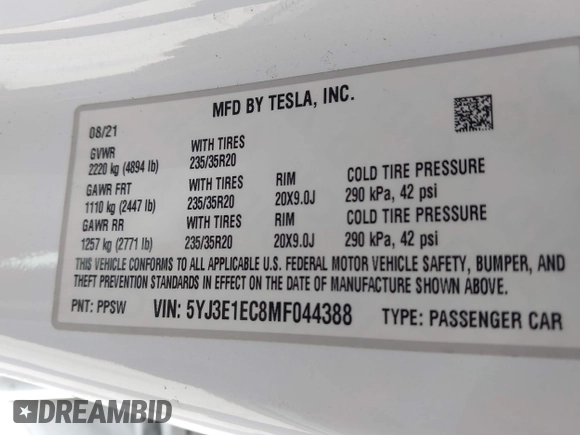 2021 Tesla Model 3 Performance with VIN 5YJ3E1EC8MF044388, listed as a IAAI auction lot 41821892 with Not Provided miles and . Bid and sale history available at carsss.com. Image 9.