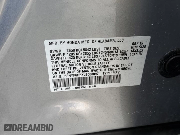 2020 Honda Pilot EX-L z VIN 5FNYF6H5XLB008097, wystawiony jako Copart lot #59329285 z przebiegiem Nie podano mil oraz Szkoda całkowita • Salvage title. Historia ofert i sprzedaży dostępna na DreamBid. Obrazek 13.