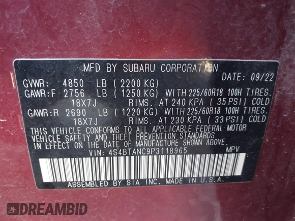 2023 Subaru Outback Limited с VIN 4S4BTANC9P3118965, выставлен на аукционе IAAI как лот 42049512 с пробегом 29 807 миль миль и . История ставок и продаж доступна на DreamBid. Изображение 9.
