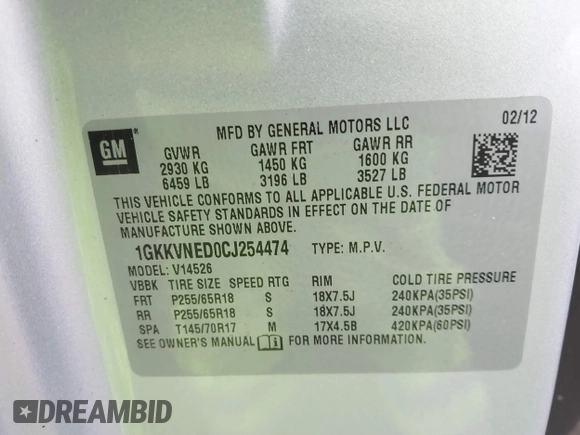 2012 GMC Acadia SL z VIN 1GKKVNED0CJ254474, wystawiony jako IAAI lot #41468998 z przebiegiem 179 862 mil mil oraz . Historia ofert i sprzedaży dostępna na DreamBid. Obrazek 9.