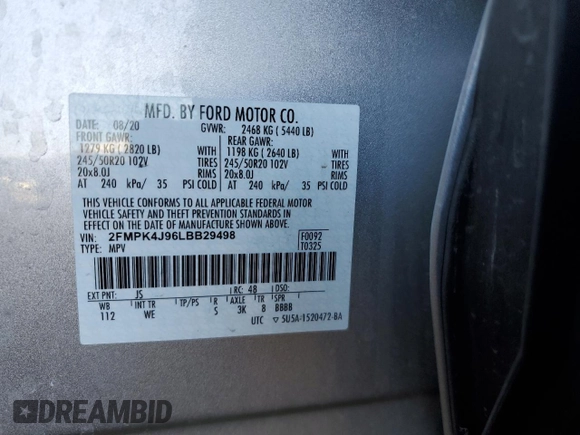 2020 Ford Edge SEL with VIN 2FMPK4J96LBB29498, listed as a Copart auction lot 48541825 with 75,548 mi miles and Salvage Title. Bid and sale history available at carsss.com. Image 14.