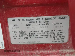 2008 Chevrolet Aveo LS with VIN KL1TD56688B096686, listed as a IAAI auction lot 42557429 with 67,405 mi miles and . Bid and sale history available at DreamBid. Image 9.