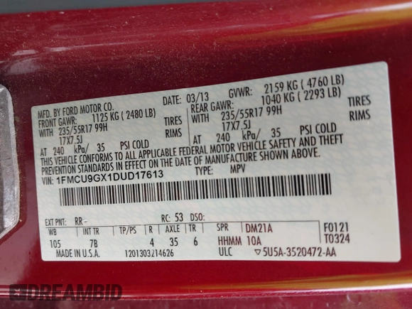 2013 Ford Escape SE with VIN 1FMCU9GX1DUD17613, listed as a IAAI auction lot 42176406 with Not provided miles and . Bid and sale history available at DreamBid. Image 9.