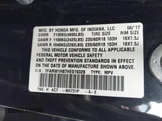 2017 Honda CR-V EX-L with VIN 7FARW1H87HE019328, listed as a IAAI auction lot 41756130 with 62,763 mi miles. Bid and sale history available at carsss.com. Image 9.