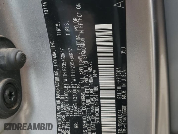 2015 Toyota Sienna XLE с VIN 5TDYK3DC1FS541180, выставлен на аукционе Copart как лот 59078585 с пробегом 94 014 миль миль и Списание • Salvage title. История ставок и продаж доступна на DreamBid. Изображение 13.