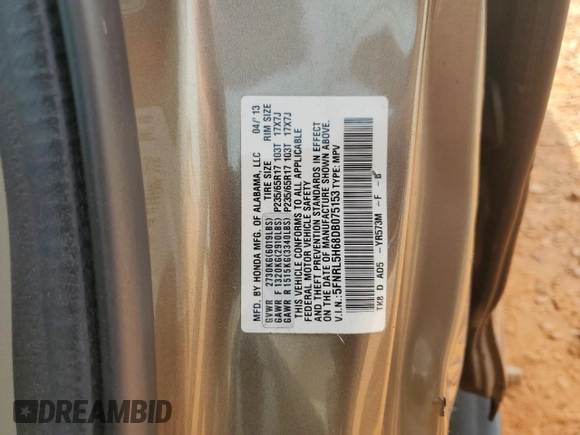 2013 Honda Odyssey EX-L with VIN 5FNRL5H68DB075153, listed as a Copart auction lot 60887325 with 263,001 mi miles and Salvage title. Bid and sale history available at DreamBid. Image 13.