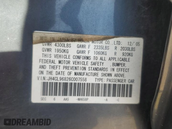 2006 Acura TSX z VIN JH4CL96826C007558, wystawiony jako Copart lot #57460605 z przebiegiem 159 808 mil mil oraz Szkoda całkowita • Salvage title. Historia ofert i sprzedaży dostępna na DreamBid. Obrazek 12.
