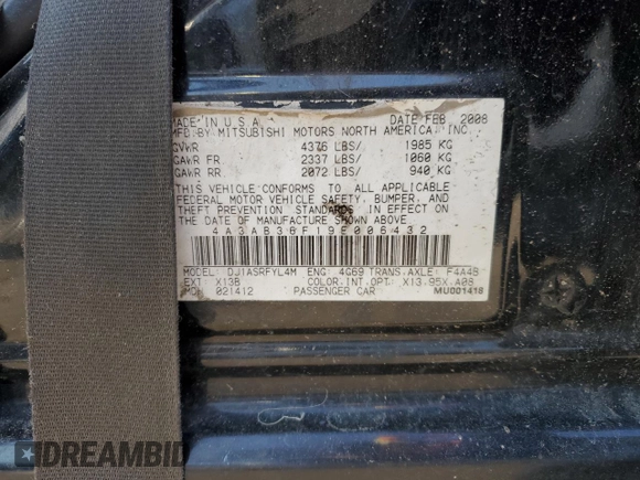 2009 Mitsubishi Galant ES z VIN 4A3AB36F19E006432, wystawiony jako Copart lot #57497935 z przebiegiem Nie podano mil oraz Nie do naprawy • Non repairable. Historia ofert i sprzedaży dostępna na DreamBid. Obrazek 12.