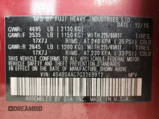 2016 Subaru Outback 2.5i z VIN 4S4BSAAC7G3269912, wystawiony jako Copart lot #58857105 z przebiegiem 95 376 mil mil oraz Szkoda całkowita • Salvage title. Historia ofert i sprzedaży dostępna na DreamBid. Obrazek 12.