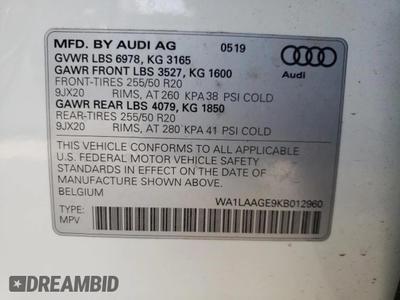 2019 Audi e-tron Premium Plus with VIN WA1LAAGE9KB012960, listed as a Copart auction lot 66488553 with 26,579 mi miles. Bid and sale history available at carsss.com. Image 12.