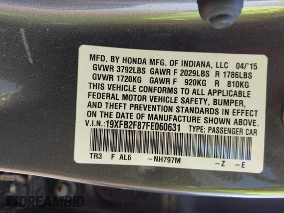 2015 Honda Civic EX with VIN 19XFB2F87FE060631, listed as a IAAI auction lot 41943697 with Not Provided miles and . Bid and sale history available at carsss.com. Image 9.