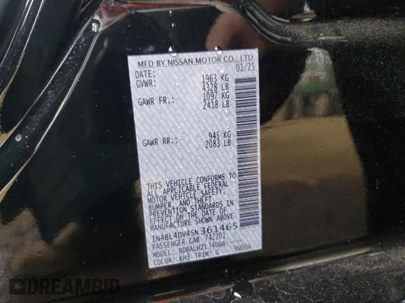 2025 Nissan Altima SV with VIN 1N4BL4DV4SN361465, listed as a Copart auction lot 48920835 with 856 mi miles and Salvage Title. Bid and sale history available at carsss.com. Image 12.