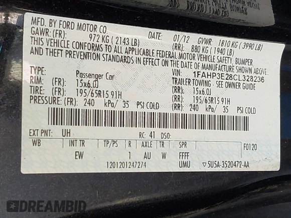 2012 Ford Focus S with VIN 1FAHP3E28CL328236, listed as a IAAI auction lot 40367519 with 129,371 mi miles and . Bid and sale history available at DreamBid. Image 9.