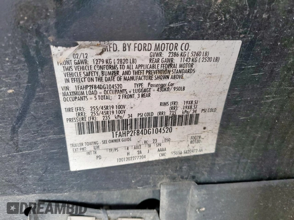 2013 Ford Taurus Limited with VIN 1FAHP2F84DG104520, listed as a Copart auction lot 53167115 with 162,690 mi miles and Clean Title. Bid and sale history available at carsss.com. Image 12.