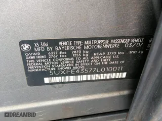 2007 BMW X5 3.0si with VIN 5UXFE43577L010011, listed as a IAAI auction lot 41736230 with 177,768 mi miles. Bid and sale history available at carsss.com. Image 9.