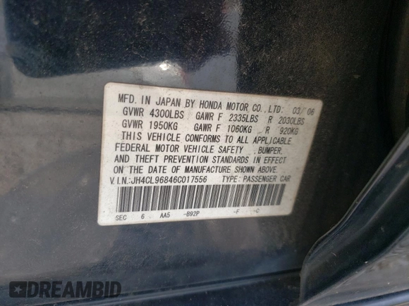 2006 Acura TSX with VIN JH4CL96846C017556, listed as a Copart auction lot 62270225 with 284,344 mi miles and Clean title. Bid and sale history available at DreamBid. Image 13.