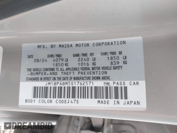 2025 Mazda 3 S Select Sport with VIN JM1BPABM5S1762571, listed as a IAAI auction lot 42186857 with 12,189 mi miles and . Bid and sale history available at DreamBid. Image 9.