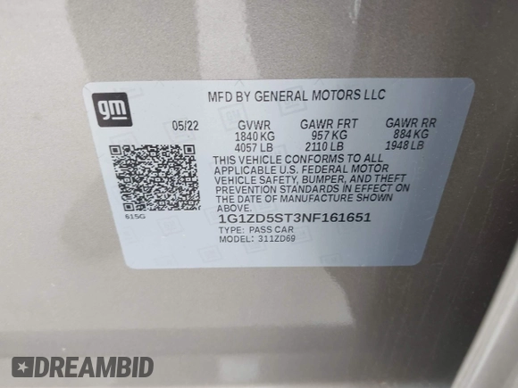 2022 Chevrolet Malibu LT with VIN 1G1ZD5ST3NF161651, listed as a IAAI auction lot 41974205 with 56,347 mi miles and . Bid and sale history available at DreamBid. Image 9.