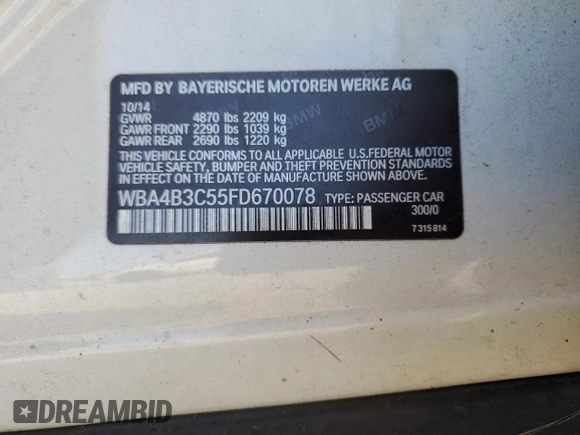 2015 BMW 4 Series 435i xDrive with VIN WBA4B3C55FD670078, listed as a Copart auction lot 73783204 with 184,246 mi miles and Clean title. Bid and sale history available at DreamBid. Image 15.