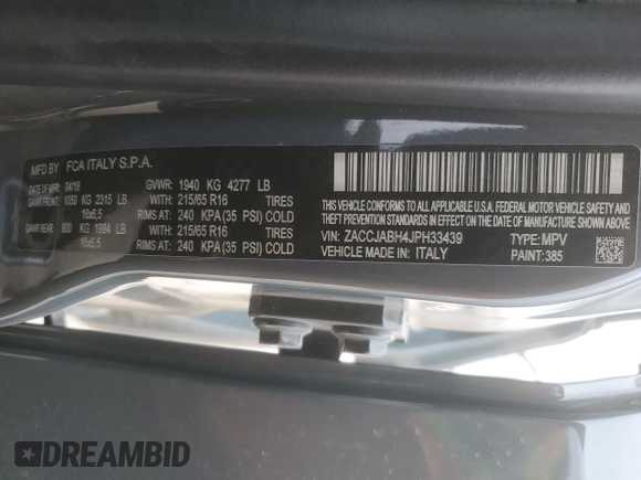 2018 Jeep Renegade Latitude with VIN ZACCJABH4JPH33439, listed as a Copart auction lot 48792455 with 37,992 mi miles and Salvage title. Bid and sale history available at DreamBid. Image 15.