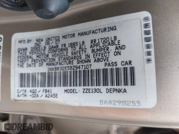 2008 Toyota Corolla CE with VIN 1NXBR32E58Z947107, listed as a IAAI auction lot 40272104 with 186,643 mi miles and . Bid and sale history available at DreamBid. Image 9.