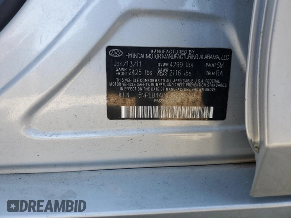 2011 Hyundai Sonata GLS with VIN 5NPEB4ACXBH225550, listed as a Copart auction lot 54182365 with 111,126 mi miles and Salvage Title. Bid and sale history available at carsss.com. Image 12.