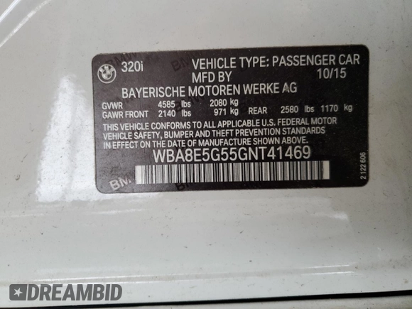 2016 BMW 3 Series 320i xDrive z VIN WBA8E5G55GNT41469, wystawiony jako Copart lot #56165005 z przebiegiem Nie podano mil oraz Czysty tytuł • Clean title. Historia ofert i sprzedaży dostępna na DreamBid. Obrazek 12.