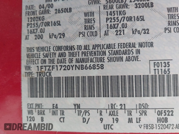 2000 Ford F-150 XL with VIN 1FTZF1720YNB66858, listed as a IAAI auction lot 42302193 with Not provided miles and . Bid and sale history available at DreamBid. Image 9.