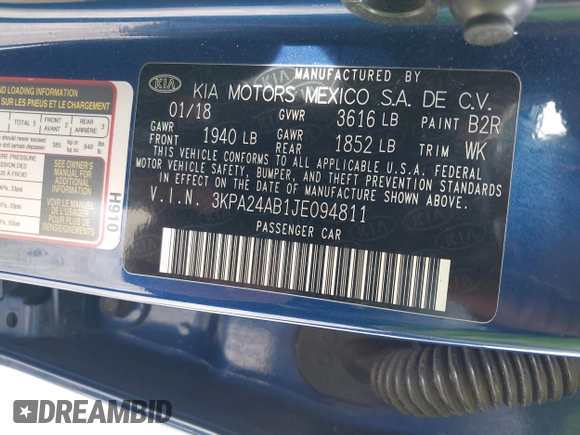 2018 Kia Rio LX with VIN 3KPA24AB1JE094811, listed as a IAAI auction lot 41825631 with 80,539 mi miles. Bid and sale history available at carsss.com. Image 9.