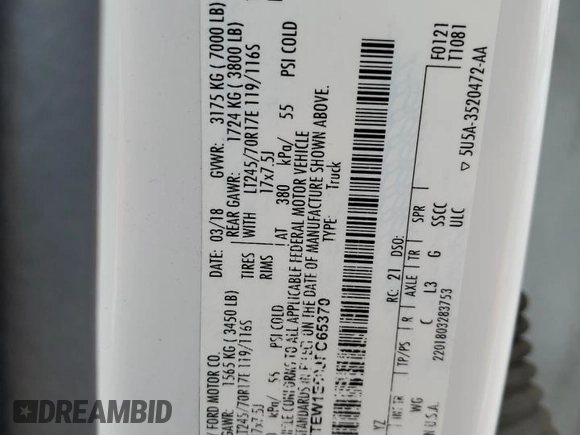 2018 Ford F-150 XL with VIN 1FTEW1E50JFC65370, listed as a Copart auction lot 59222655 with 213,487 mi miles and Salvage title. Bid and sale history available at DreamBid. Image 12.