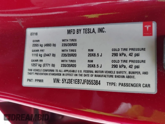 2018 Tesla Model 3 Long Range Battery with VIN 5YJ3E1EB7JF055384, listed as a IAAI auction lot 41924325 with 52,039 mi miles and . Bid and sale history available at DreamBid. Image 9.