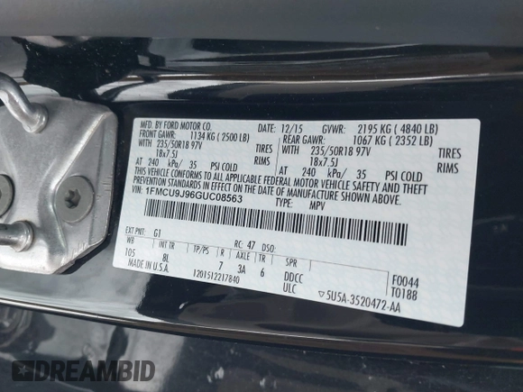 2016 Ford Escape Titanium with VIN 1FMCU9J96GUC08563, listed as a IAAI auction lot 41252475 with 120,404 mi miles. Bid and sale history available at carsss.com. Image 9.