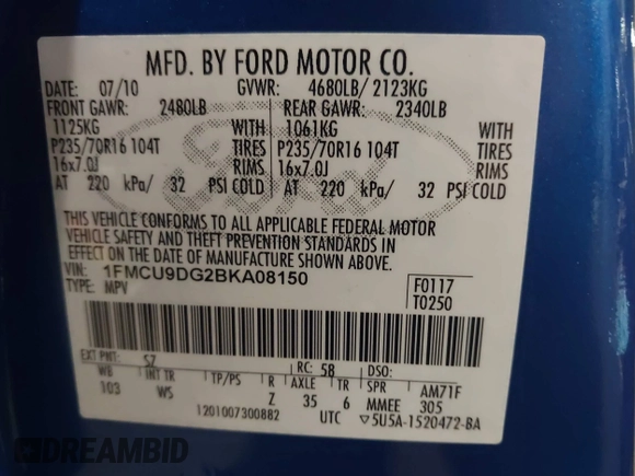 2011 Ford Escape XLT с VIN 1FMCU9DG2BKA08150, выставлен на аукционе IAAI как лот 42156966 с пробегом Не указан миль и . История ставок и продаж доступна на DreamBid. Изображение 9.