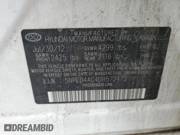 2013 Hyundai Sonata GLS with VIN 5NPEB4AC4DH572472, listed as a Copart auction lot 80131574 with 192,927 mi miles and Salvage Title. Bid and sale history available at carsss.com. Image 14.