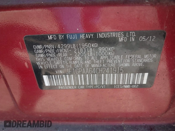 2012 Subaru Impreza 2.0i с VIN JF1GPAA64CH241915, выставлен на аукционе IAAI как лот 41824963 с пробегом 111 808 миль миль и . История ставок и продаж доступна на DreamBid. Изображение 9.