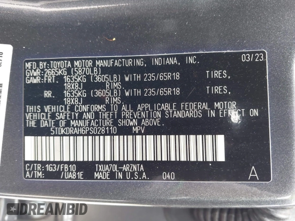 2023 Toyota Highlander L with VIN 5TDKDRAH6PS028110, listed as a IAAI auction lot 42427535 with 47,040 mi miles and . Bid and sale history available at DreamBid. Image 9.
