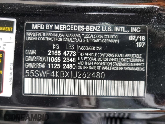 2018 Mercedes-Benz C 300 with VIN 55SWF4KBXJU262480, listed as a Copart auction lot 68102534 with 58,003 mi miles and Salvage Title. Bid and sale history available at DreamBid. Image 14.