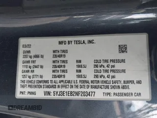 2022 Tesla Model 3 Long Range z VIN 5YJ3E1EB2NF203477, wystawiony jako IAAI lot #42037932 z przebiegiem 56 509 mil mil oraz . Historia ofert i sprzedaży dostępna na DreamBid. Obrazek 9.