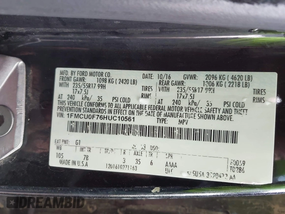 2017 Ford Escape S with VIN 1FMCU0F76HUC10561, listed as a IAAI auction lot 42413075 with 133,025 mi miles and . Bid and sale history available at DreamBid. Image 9.