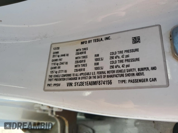 2021 Tesla Model 3 Standard Range Plus with VIN 5YJ3E1EA8MF874156, listed as a Copart auction lot 46323505 with Not Provided miles and Salvage Title. Bid and sale history available at DreamBid. Image 12.