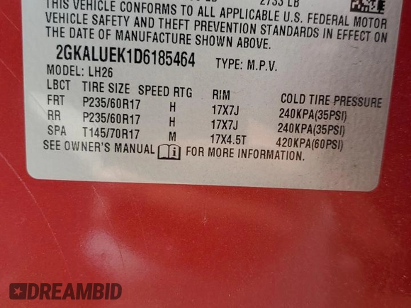 2013 GMC Terrain SLT with VIN 2GKALUEK1D6185464, listed as a Copart auction lot 55554595 with 125,419 mi miles and Salvage title. Bid and sale history available at DreamBid. Image 13.