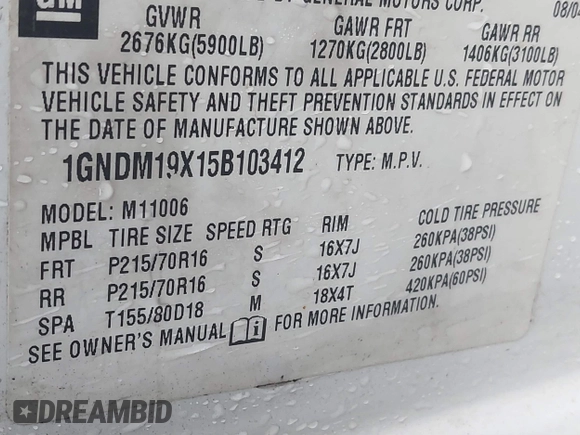 2005 Chevrolet Astro with VIN 1GNDM19X15B103412, listed as a IAAI auction lot 41872034 with Not Provided miles. Bid and sale history available at carsss.com. Image 9.