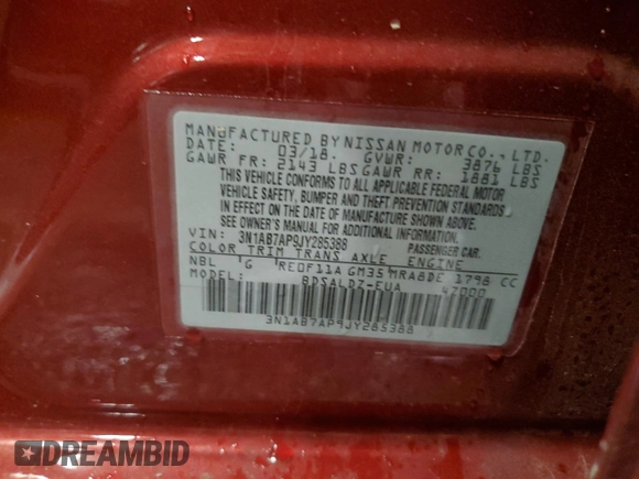 2018 Nissan Sentra S with VIN 3N1AB7AP9JY285388, listed as a Copart auction lot 48660725 with 104,804 mi miles and Clean Title. Bid and sale history available at DreamBid. Image 12.
