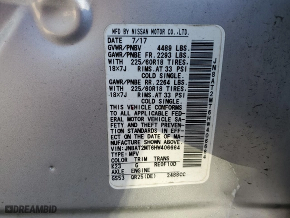 2017 Nissan Rogue SL with VIN JN8AT2MT6HW406664, listed as a Copart auction lot 49605335 with 81,081 mi miles and Salvage Title. Bid and sale history available at carsss.com. Image 15.